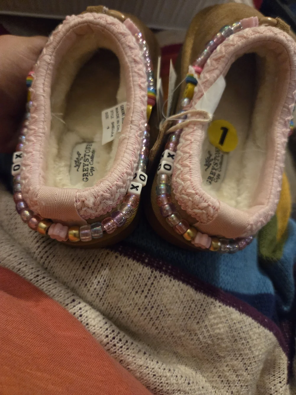 Greyson Tan Suede Kids Slippers with Pink Trim and Bead Accents